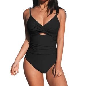 NWT Cupshe Timeless Black Ruched One Piece‎ Swimsuit Twist Bust Cutout Detail XS